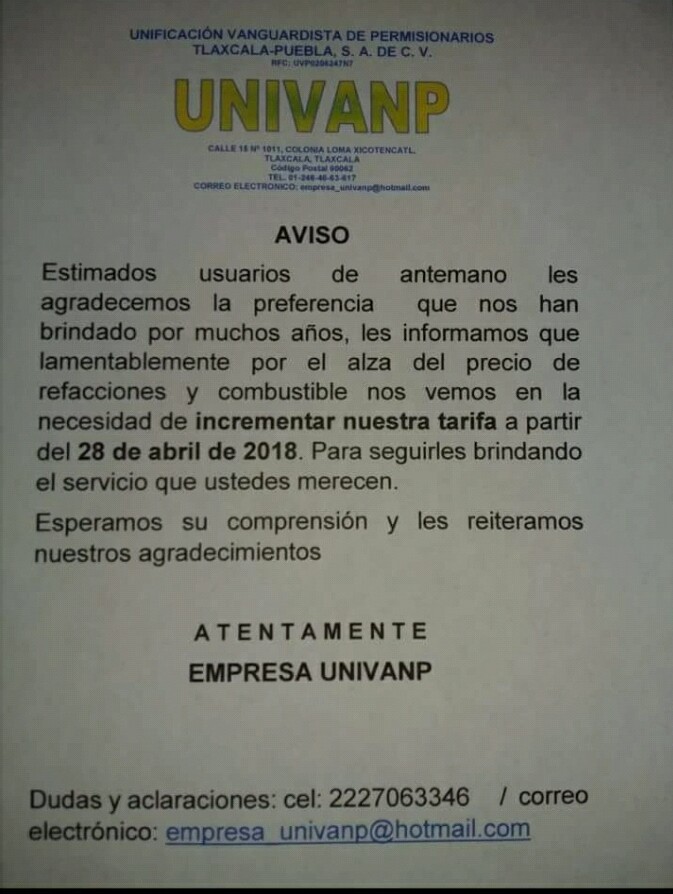 Anuncia UNIVAMP nuevo aumento a tarifas del pasaje