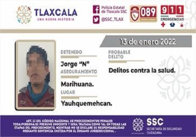 La SSC detiene en Yauhquemehcan a sujeto por posesión de marihuana