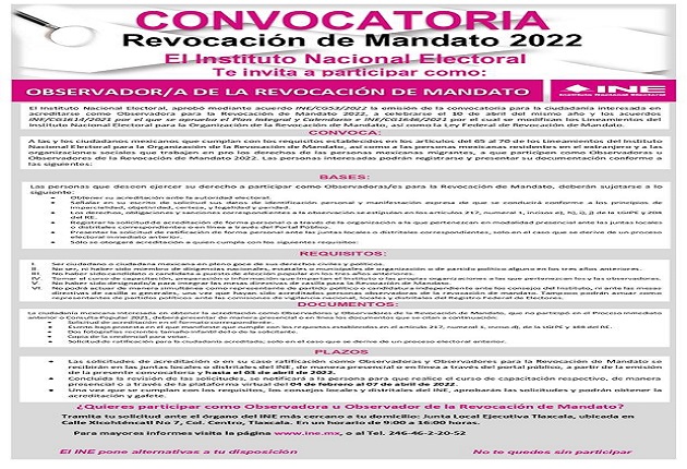 A observar revocación de mandato, insta INE Tlaxcala