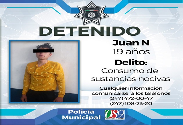 Detiene policía municipal a individuo por consumo de estupefacientes