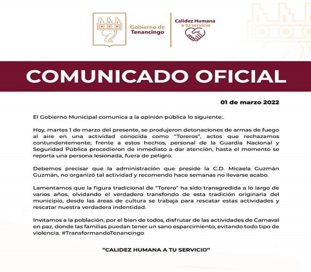 Condena gobierno de Tenancingo balacera en Carnaval; reporta un lesionado