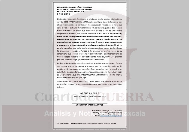 Vecino de Cuapiaxtla recurre a AMLO, ante agresiones de su presidente de comunidad