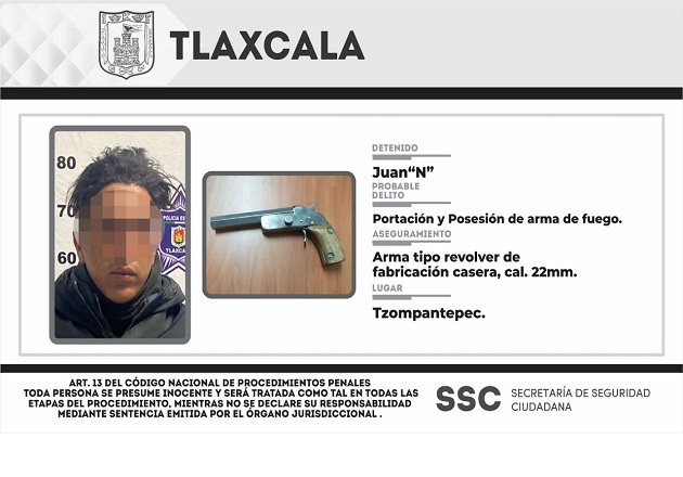 En Tzompantepec, la SSC detiene a una persona con un arma de fuego