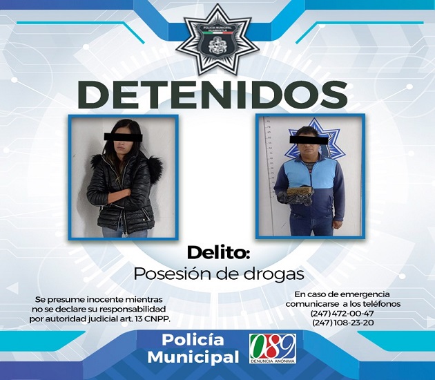 Asegura Policía de Huamantla a dos personas con sustancias nocivas para la salud