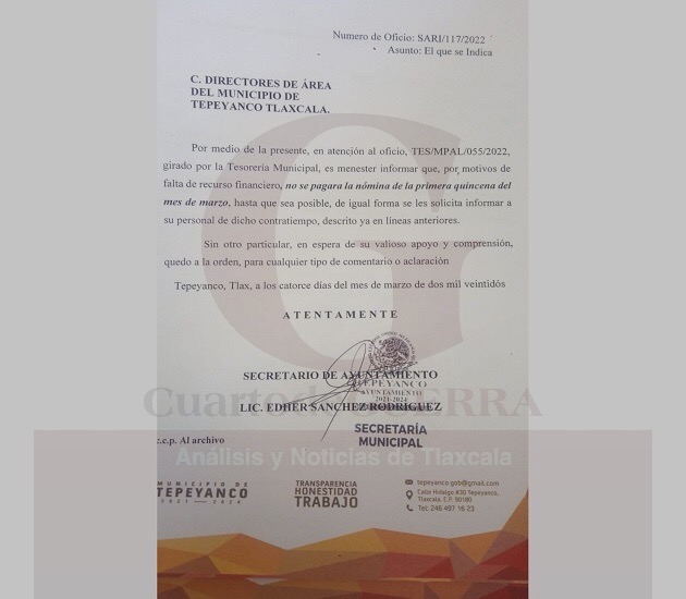 Ayuntamiento de Tepeyanco deja de pagar la nómina; argumenta “falta de recursos”