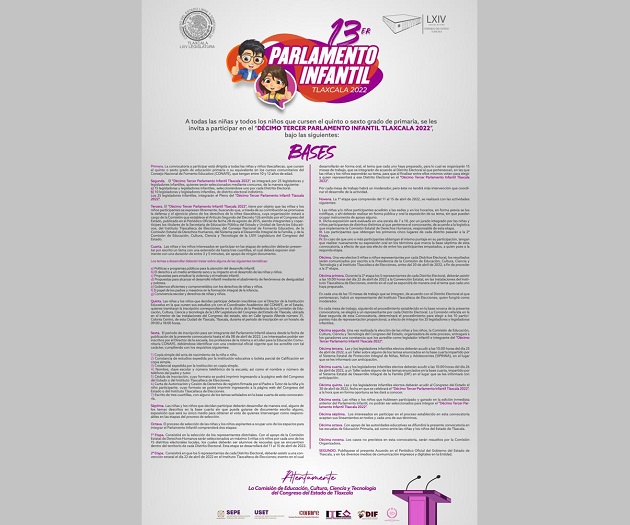 Convoca Congreso a participar en el Décimo Tercer Parlamento Infantil Tlaxcala 2022
