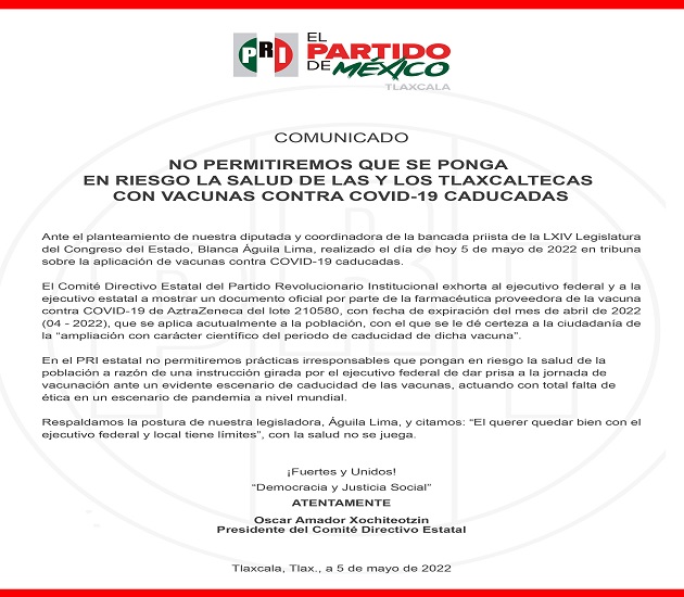 Exige PRI no poner en riesgo salud de tlaxcaltecas con vacunas contra Covid-19 caducadas