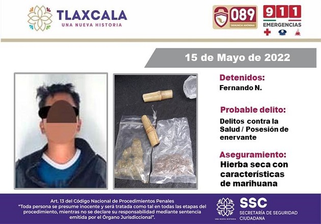 La SSC asegura en Xicohtzinco a una persona por la posesión ilegal de enervantes