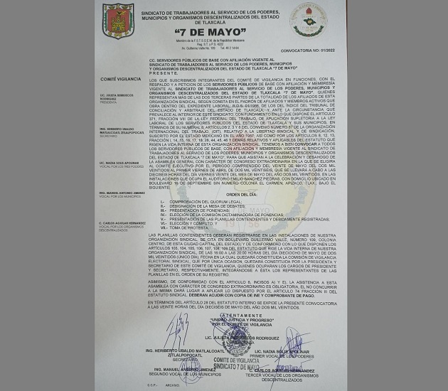 Emiten convocatoria para elegir al Comité Ejecutivo del Sindicato 7 de Mayo