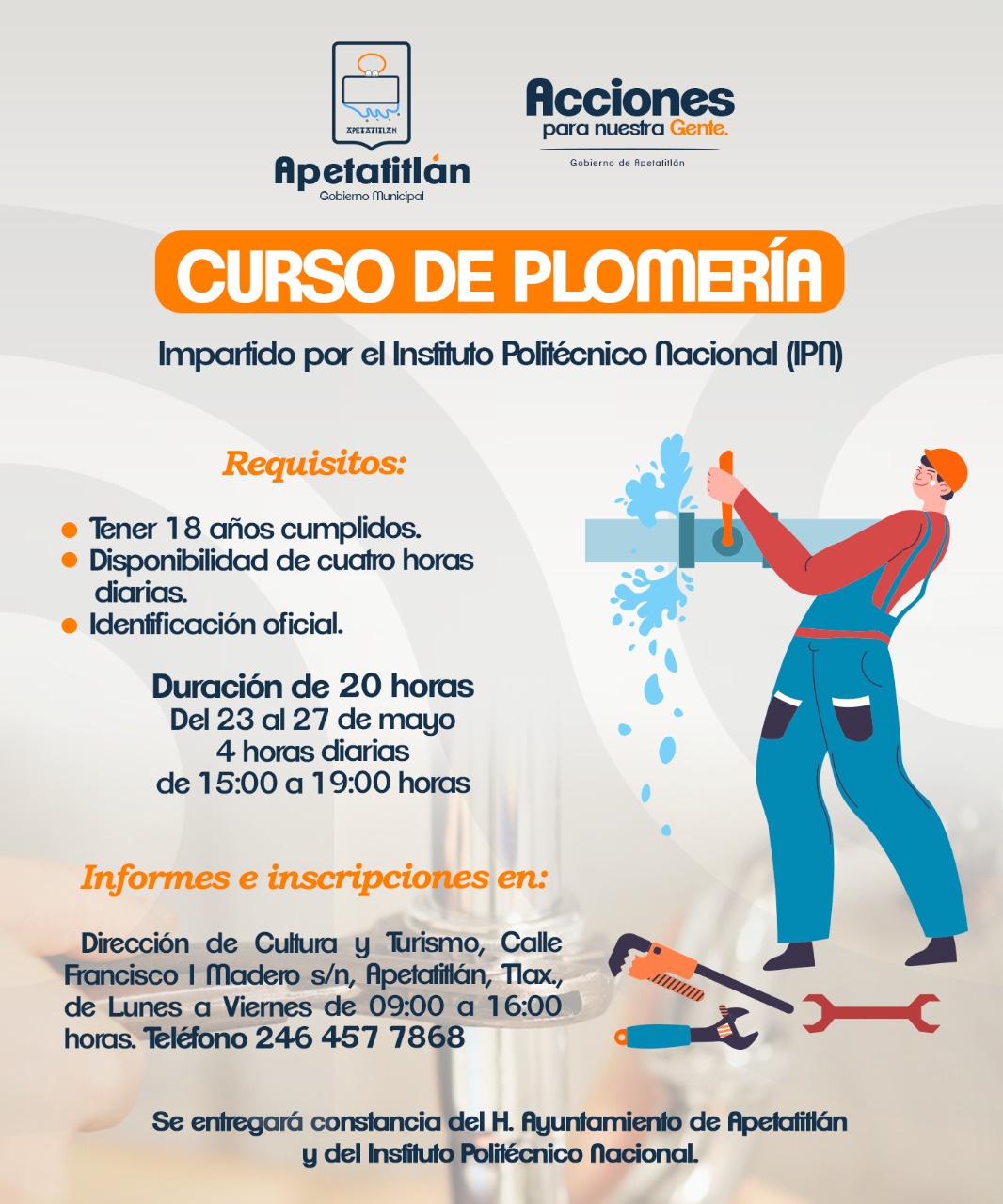 Gobierno de Apetatitlán convoca al primer Curso de Plomería