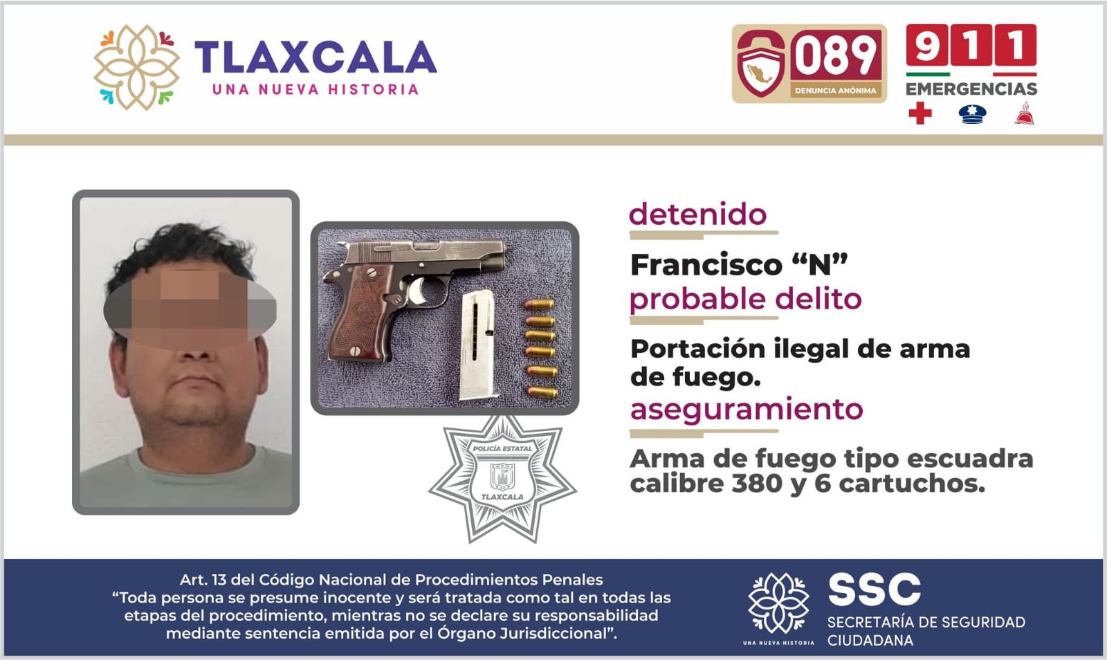 SSC detiene en Apizaco a presunto responsable de portación ilegal de arma de fuego