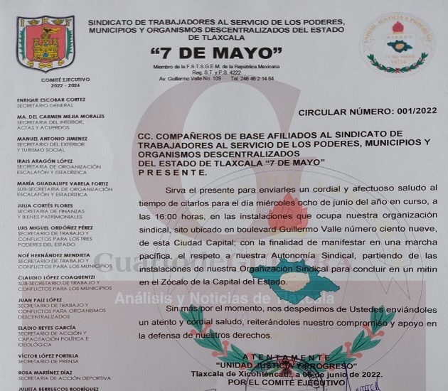 Preparan sindicalizados del ‘7 de Mayo’ marcha en la capital tlaxcalteca