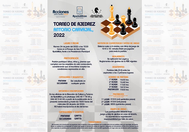 Convoca Ayuntamiento de Apetatitlán a torneo de ajedrez