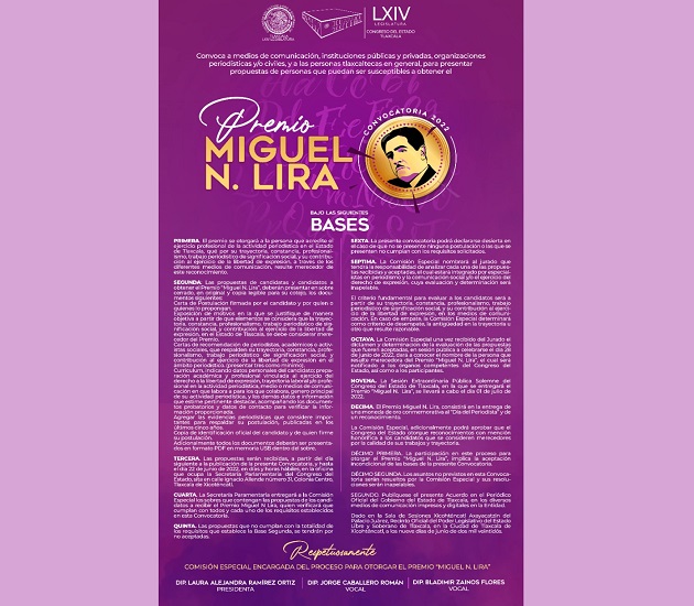 Congreso emite las bases de la convocatoria para otorgar Premio Miguel N. Lira 2022