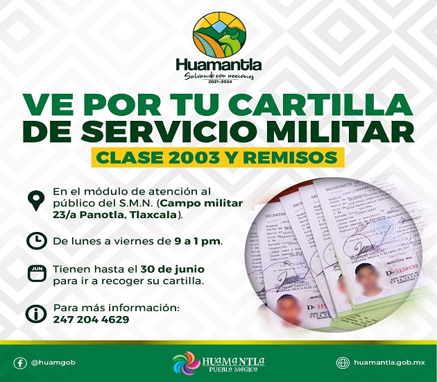 Informa Ayuntamiento de Huamantla plazo para recoger cartillas del servicio militar