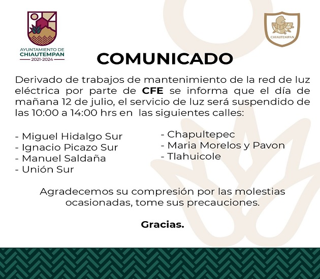 CFE suspenderá servicio de energía eléctrica en calles céntricas de Chiautempan