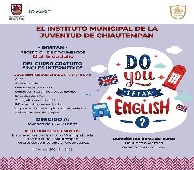 Convoca Ayuntamiento de Chiautempan a curso gratuito de inglés intermedio