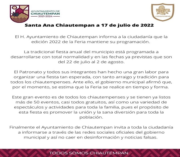 La Feria de Chiautempan edición 2022 mantiene su programación
