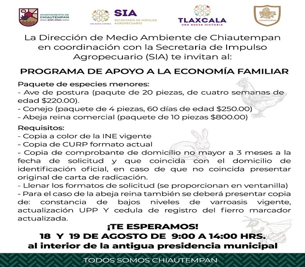 Invita Ayuntamiento de Chiautempan a participar en el 'Programa de Apoyo a la Economía Familiar'