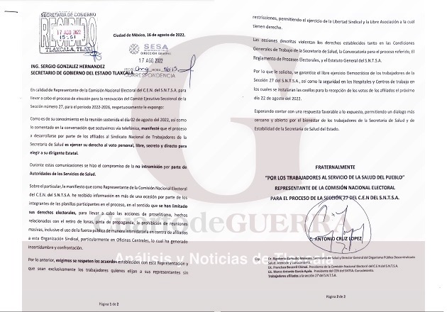 Acusa Comisión Electoral del SNTSA que se están limitando los derechos político-electorales de los agremiados