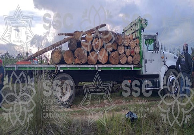 Policía de Montaña asegura tractocamión y rollos de madera en Tlalcuapan
