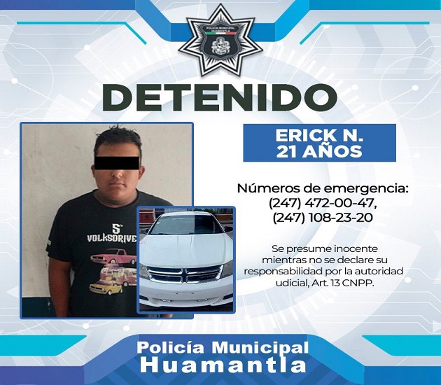 Aseguran policías municipales de Huamantla vehículo con sistema de luces y comunicación oficial