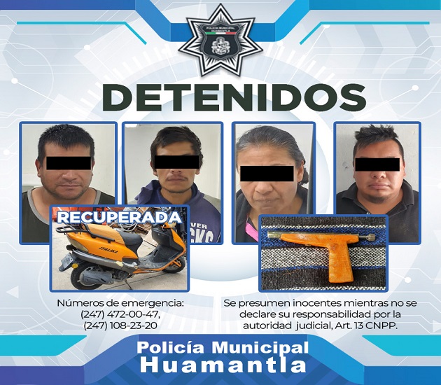 Captura Policía de Huamantla a cuatro delincuentes por robo y portación de arma de fuego