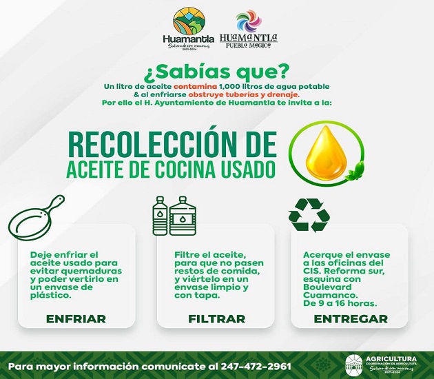 Anuncia Ayuntamiento de Huamantla campaña de recolección de aceite