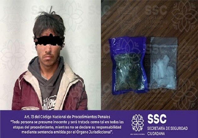 Detienen a masculino por posesión de enervantes y droga sintética, en Totolac
