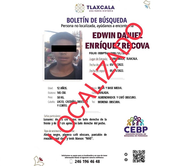 Ubican policías municipales de Huamantla a menor con reporte de no localizado