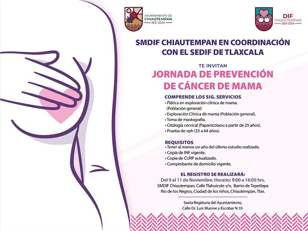 Invita SMDIF Chiautempan a la Jornada de Prevención de Cáncer de Mama