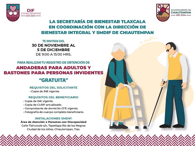 Convocan en Chiautempan a campaña de andaderas para adultos y bastones para personas invidentes
