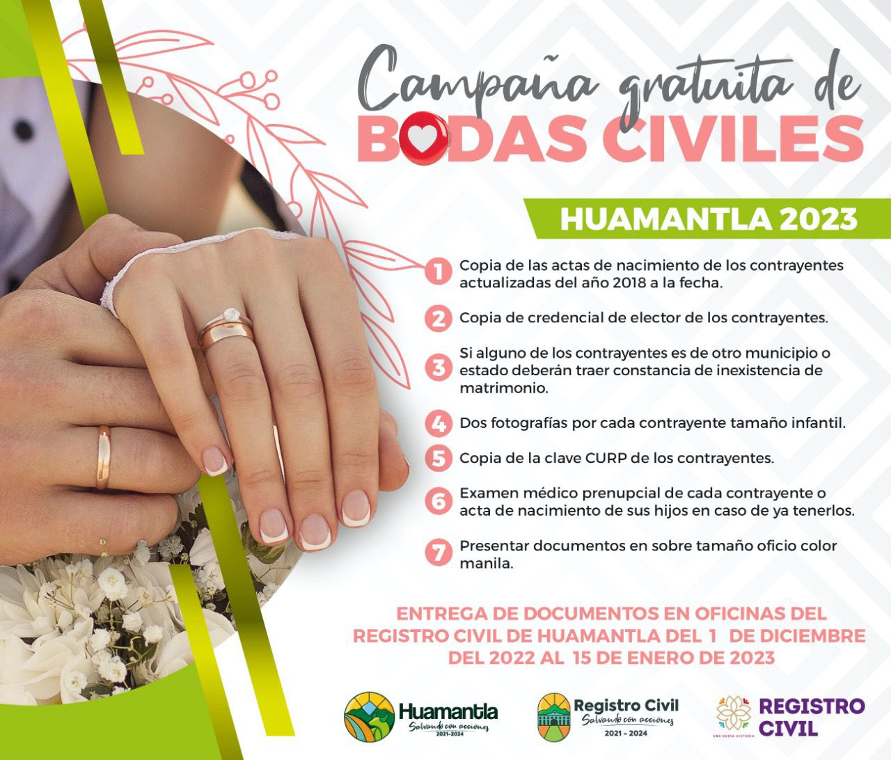 Tienen parejas hasta el 15 de enero para entregar sus documentos en la campaña gratuita de bodas civiles