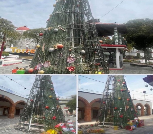 En Terrenate, vándalos prenden fuego al árbol de Navidad
