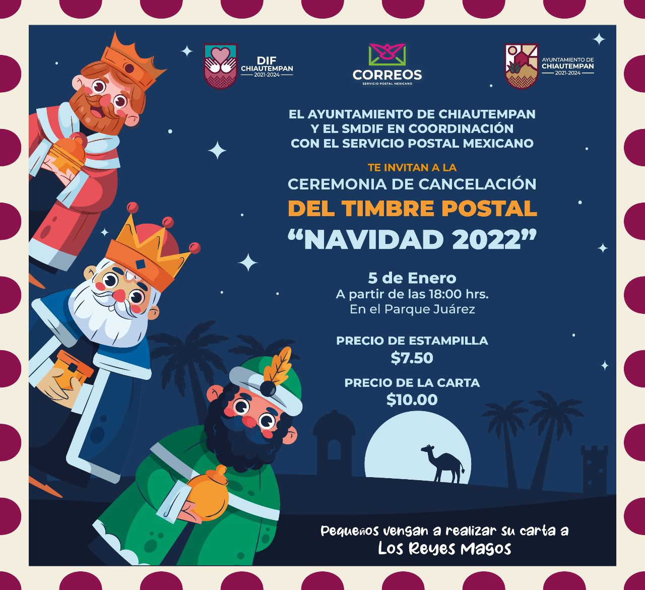 Invita SMDIF Chiautempan a la cancelación del timbre postal 'Navidad 2022' para entregar carta a los Reyes Magos
