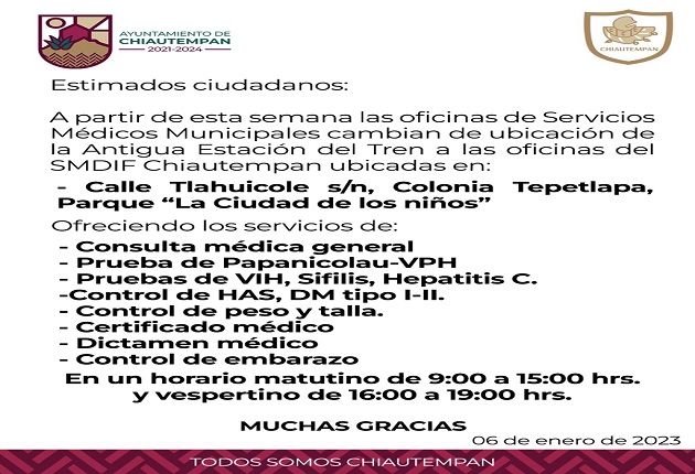 Informa Servicios Médicos de Chiautempan cambio de domicilio al SMDIF
