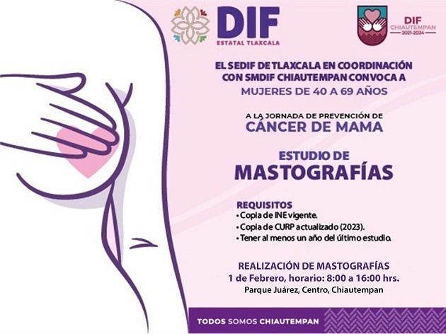 La 'Jornada de Prevención de Cáncer de Mama' se realizará en el parque Juárez de Chiautempan