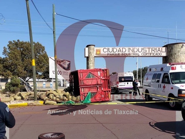 Muere conductor de camión cargado de papas, al volcar en Ciudad Industrial Xicohténcatl III