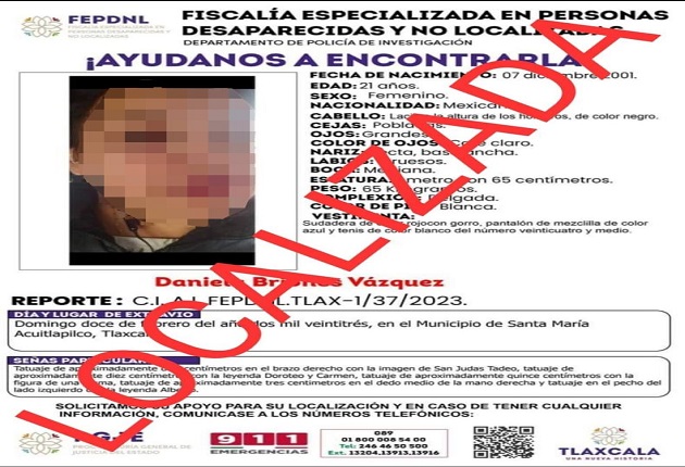 Policía de Investigación localiza a mujer en Tetlanohcan