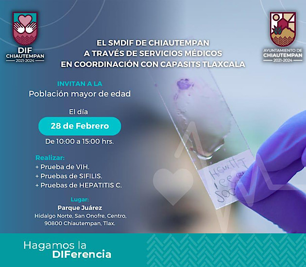 Realizará SMDIF Chiautempan pruebas gratuitas de VIH, Sífilis y Hepatitis C