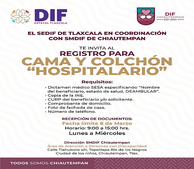 Convoca SMDIF Chiautempan al registro para Cama y Colchón 'Hospitalario'