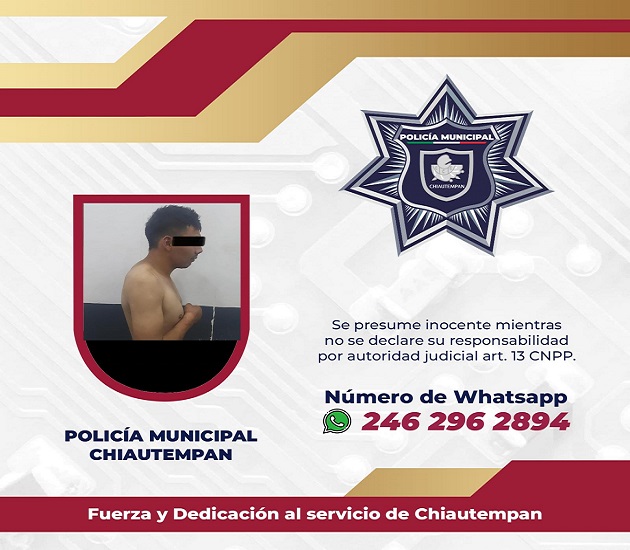 Detiene Policía de Chiautempan a sujeto por presunto robo de varilla