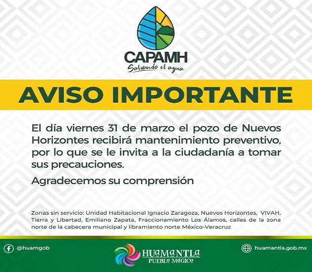 Anuncia Capamh suspensión de agua potable por trabajos de mantenimiento en el pozo de Nuevos Horizontes