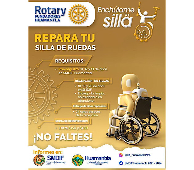 SMDIF Huamantla y Club Rotary Fundadores invitan a participar en el Programa 'Enchúlame la silla'