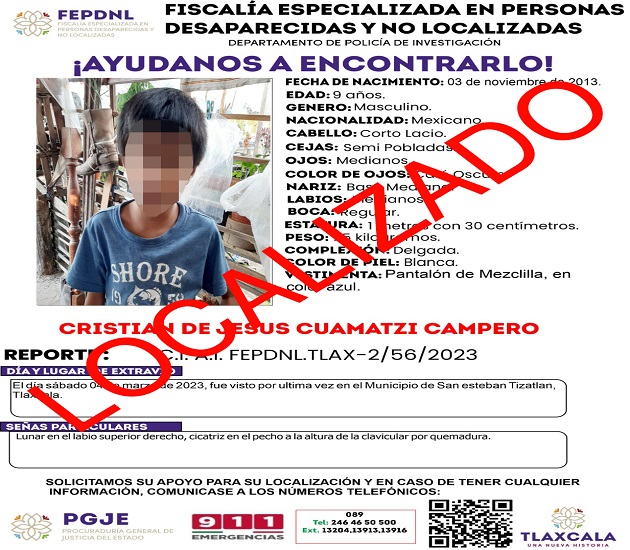 Ubica PGJE a menor de edad reportado como no localizado