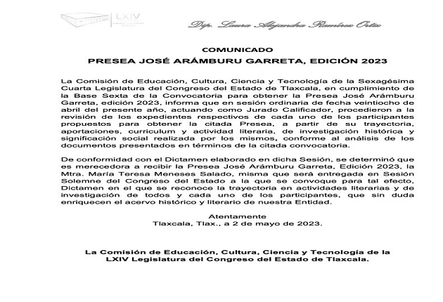 Recibirá Mtra. María Teresa Meneses Salado la presea 'José Arámburu Garreta' 2023