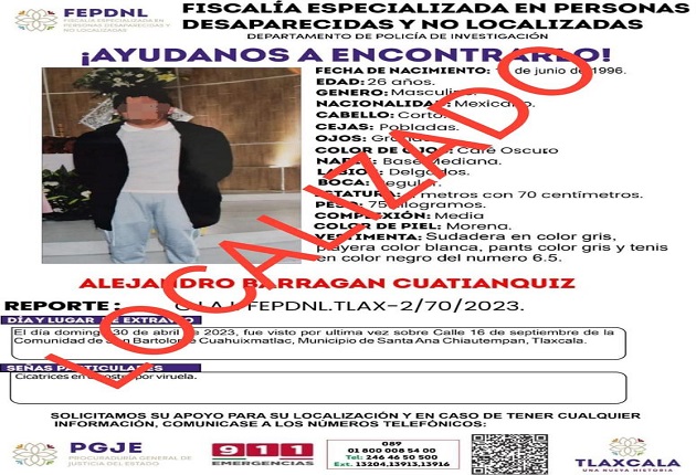 Presenta PGJE a masculino reportado por familiares como no localizado