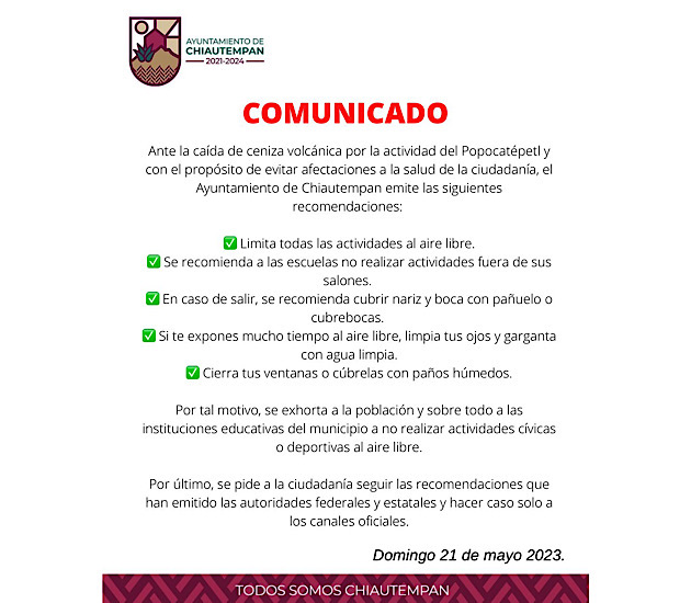 Emite Ayuntamiento de Chiautempan recomendaciones por caída de ceniza volcánica