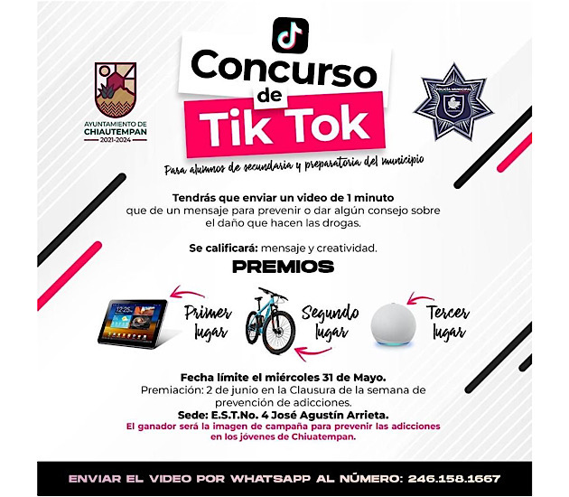 Invita Policía de Chiautempan a concurso de Tik Tok para prevención de consumo de drogas