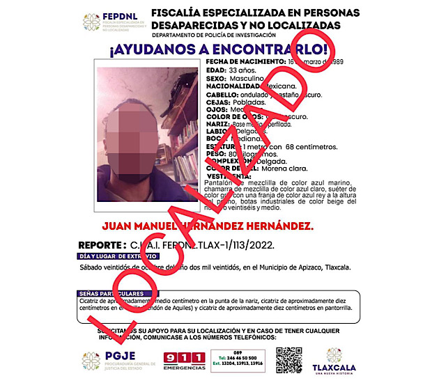 PGJE ubica en Yauhquemehcan a masculino reportado como no localizado